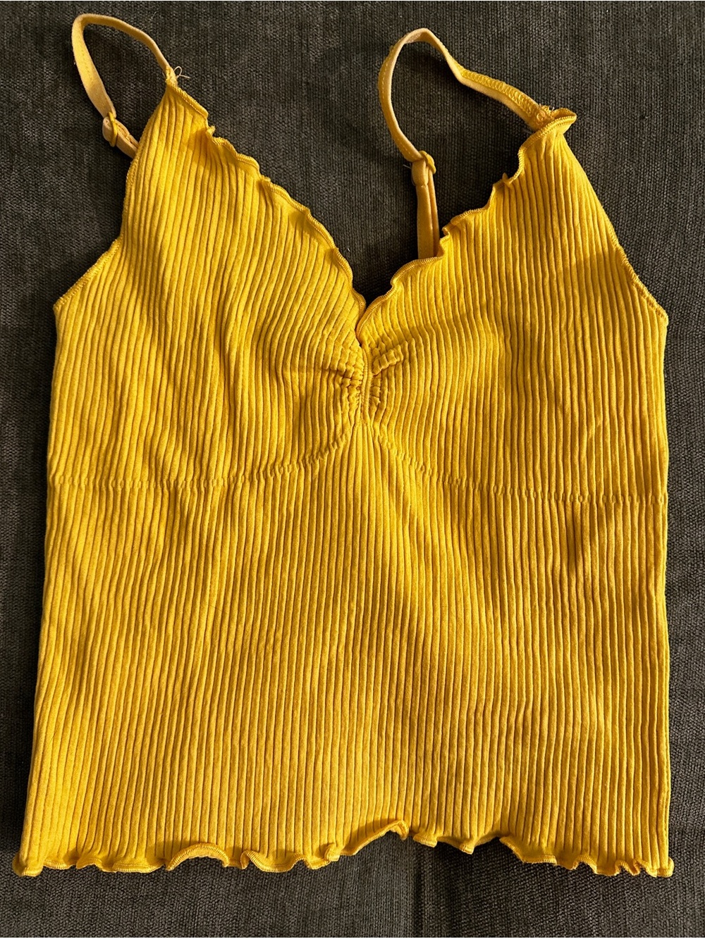 UO Out From Under Yellow Ribbed V-Neck Scalloped Cami